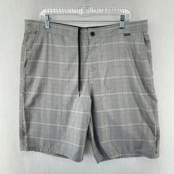 Hurley Board Shorts Mens Gray White Check Drawstring Drawstring Swim Trunks - Picture 1 of 7